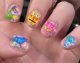 sponge cartoon Nails /y2k nails /custom press on nails/ hand made Press on Nails/Faux Acrylic Nails/ Gel Nails/kawaii Nails