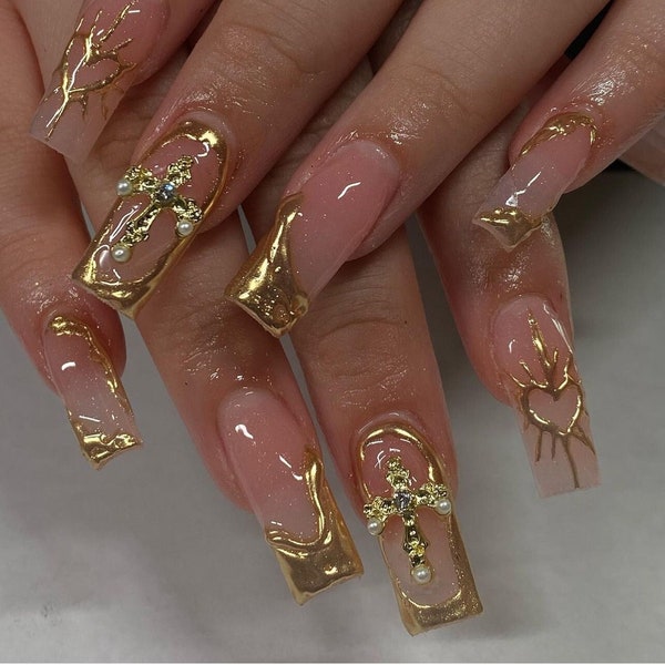 golden chrome hand painted nail /custom press on nails/ hand made Press on Nails/Faux Acrylic Nails/ y2k Nails