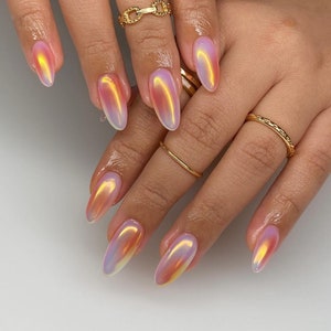 chrome ombre pink hand painted nails /custom press on nails/ hand made Press on Nails/Faux Acrylic Nails/ Gel Nails/Press on Nails