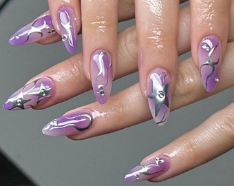 ombre purple silver star nails /custom press on nails/ hand made Press on Nails/Faux Acrylic Nails/ y2k Nails/ pink nails