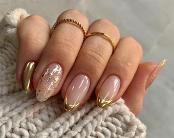 gold french glitter nails/ hand made press on Nails/ ArgyleFake Nails/ Hand painted press on Nails/Faux Acrylic Nails/