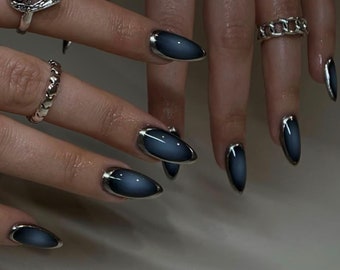 Ongles punk noirs ombrés y2k/presse personnalisée sur les ongles/presse faite à la main sur les ongles/faux ongles en acrylique/ongles y2k/ongles en gel/presse sur les ongles