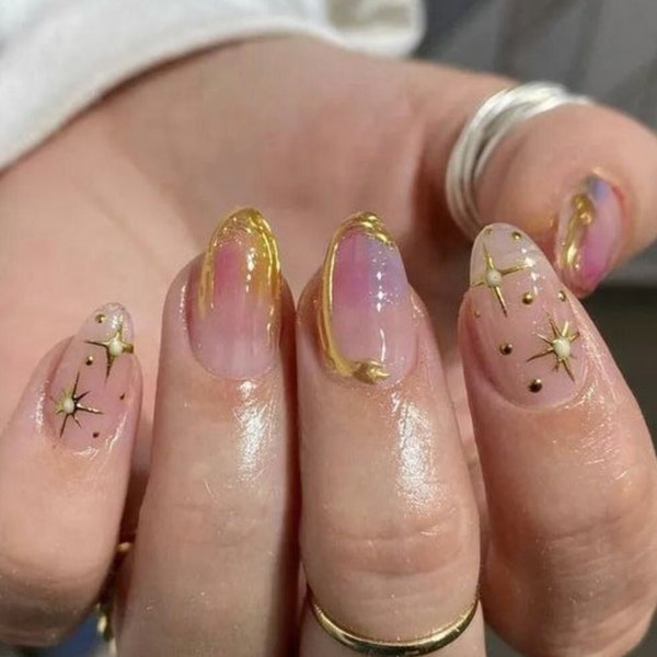 Ongles peints à la main/ongles japonais/presse personnalisée sur les ongles/presse faite à la main sur les ongles/faux ongles en acrylique/ongles roses y2k