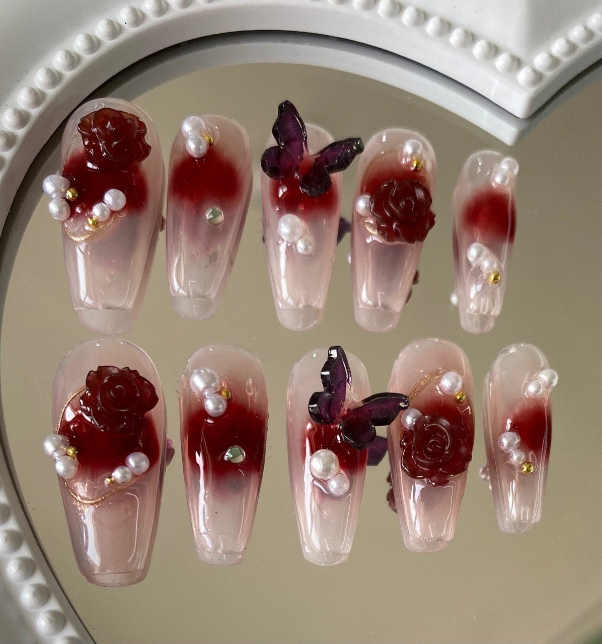 Claret Butterfly Crystal Coffin Nails Punk Y2k Style Nails - Etsy