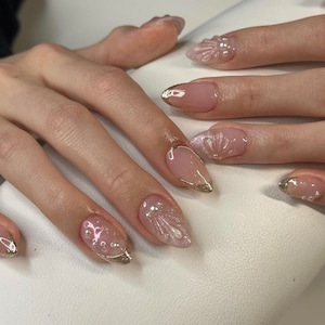 mermaid vibe pink hand painted Nails /Japanese nails /custom press on nails/ hand made Press on Nails/Faux Acrylic Nails/ y2k Nails