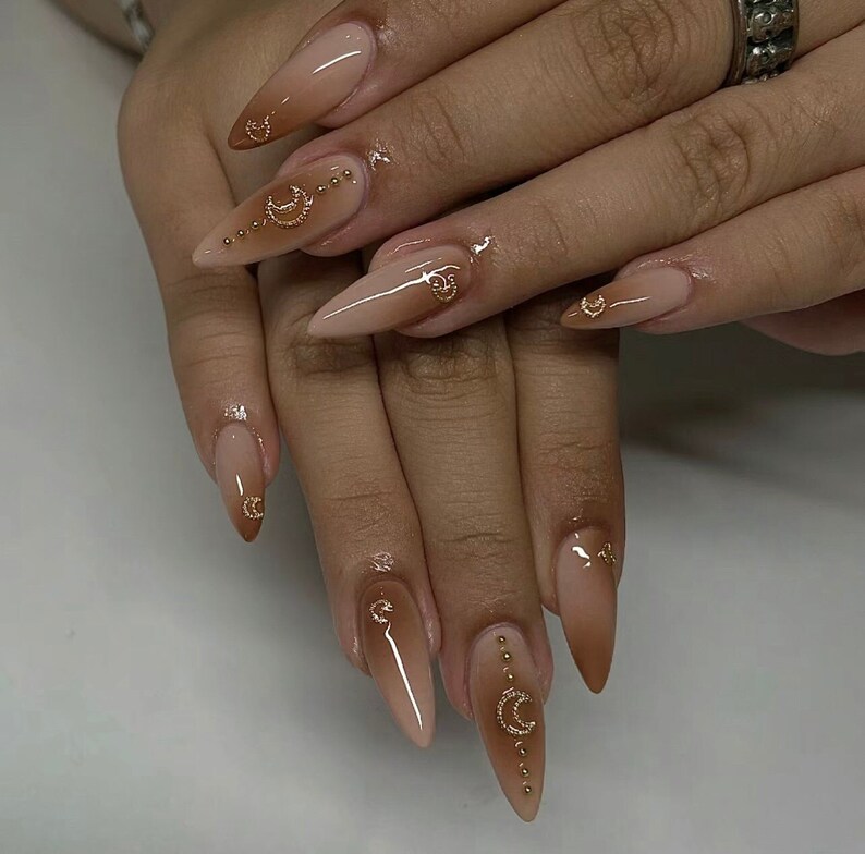 ombre brown almond nails /Japanese nails /custom press on nails/ hand made Press on Nails/Faux Acrylic Nails/ y2k Nails image 2