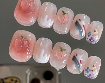 candy color pink peach rainbow short Nails Japanese nails Kawaii/hand made /Press on Nails/Faux Acrylic Nails/Nails/Gel Nails/cute Nails