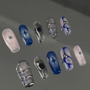 Y2k Silver Blue Nails /japanese Nails /custom Press on Nails/ Hand Made ...