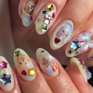glitter crystal cute kitten Nails /Japanese nails/custom press on nails/ hand made Press on Nails/Faux Acrylic Nails/ y2k Nails/ pink nails