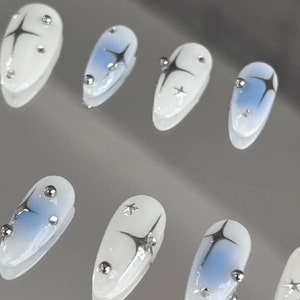 Y2K Ombre Blue Star Nails /japanese Nails /custom Press on Nails/ Hand Made Press on Nails/faux