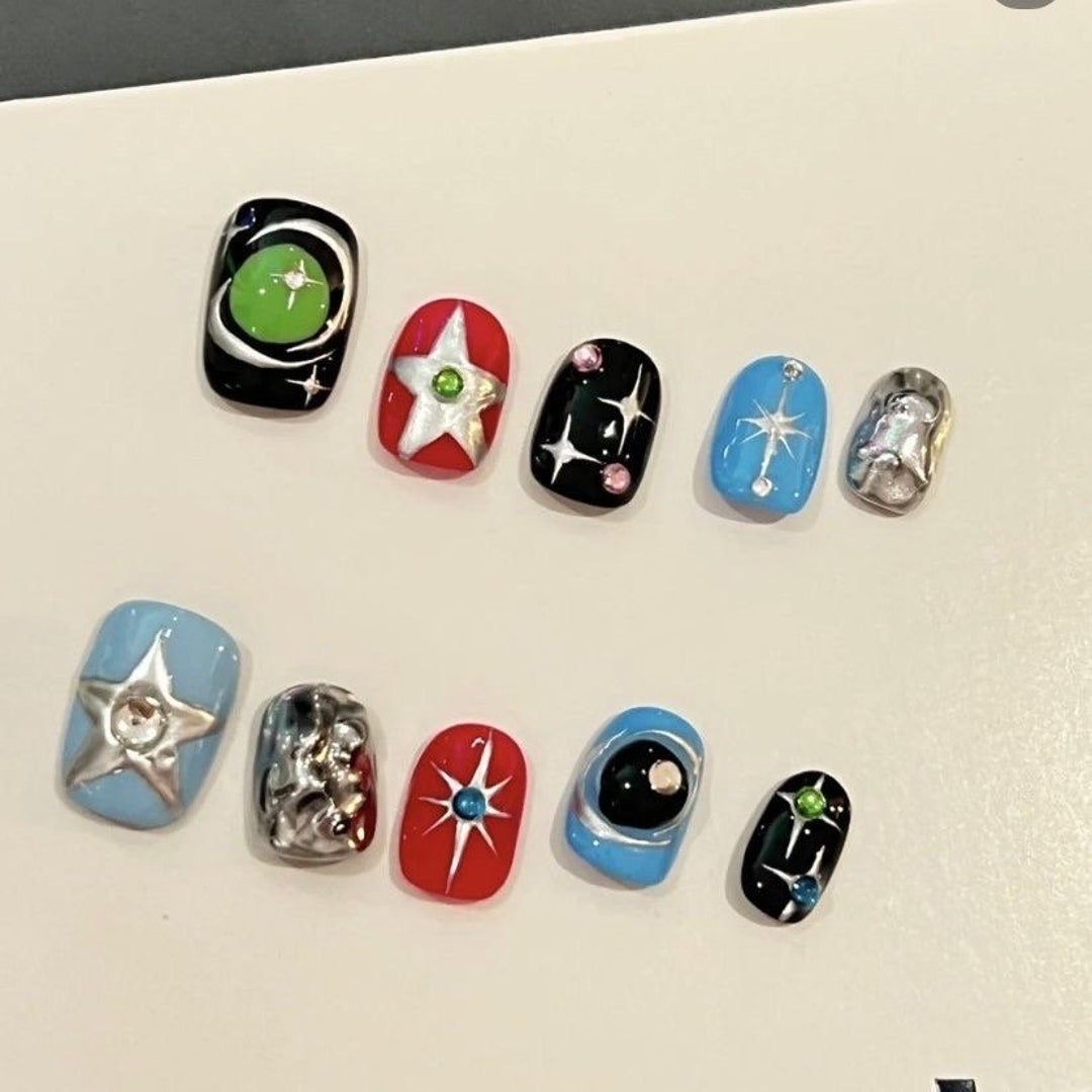 Silver Colorful Short Nails, Hand Made Cute Nails, Japanese Nails