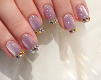 glitter crystal nails/ hand made press on Nails/ ArgyleFake Nails/ Hand painted press on Nails/Faux Acrylic Nails/