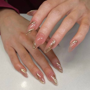 gold liner almond nails /Japanese nails /custom press on nails/ hand made Press on Nails/Faux Acrylic Nails/ Gel Nails/Press on Nails