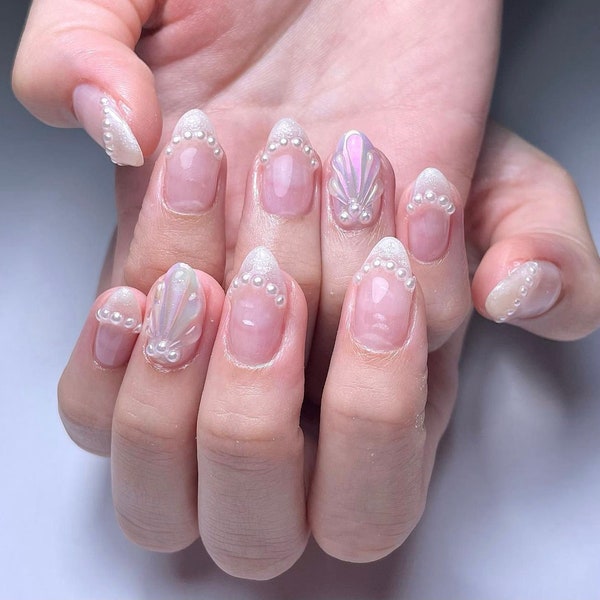 Meerjungfrau-Vibe handbemalte Nägel / japanische Nägel / individuelle Nagelpresse / handgemachte Nagelpresse / Kunstacrylnägel / y2k-Nägel / rosa Nägel