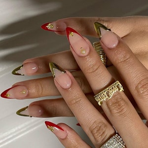 red golden chrome french nails /Japanese nails /custom press on nails/ hand made Press on Nails/Faux Acrylic Nails/ y2k Nails