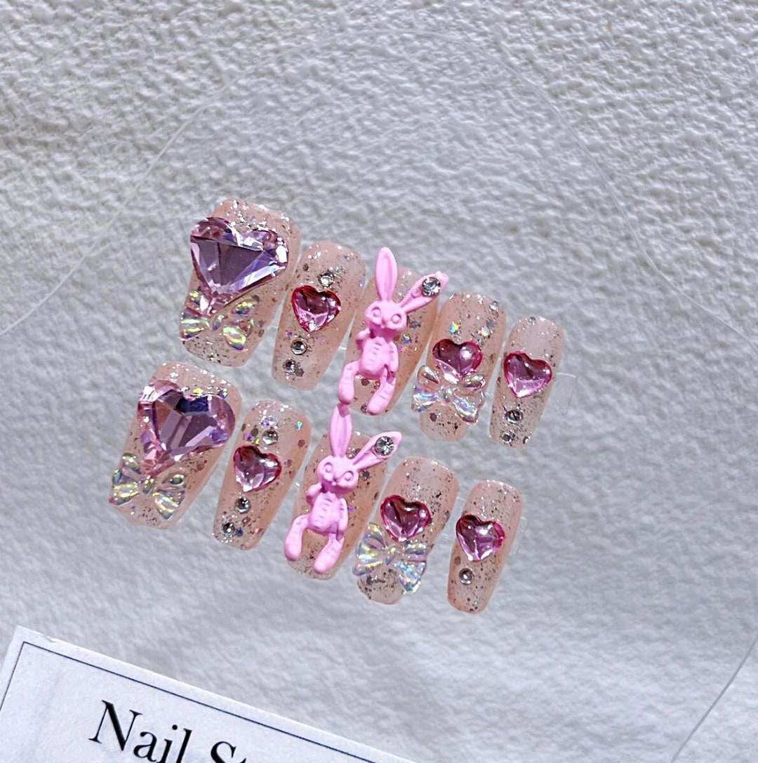 Pink Bunny Y2k Nails Coffin Hand Made Press on Nails Pink - Etsy