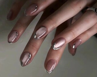 silver liner cat eye nail /Japanese nails /custom press on nails/ hand made Press on Nails/Faux Acrylic Nails/ y2k Nails