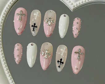 y2k black pink cross germ Nails /custom press on nails/ hand made Press on Nails/Faux Acrylic Nails/ Gel Nails/Press on Nails