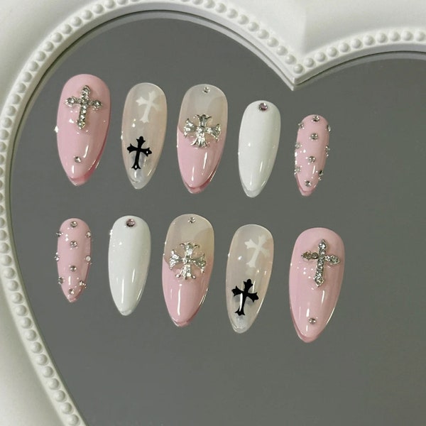 y2k black pink cross germ Nails /custom press on nails/ hand made Press on Nails/Faux Acrylic Nails/ Gel Nails/Press on Nails