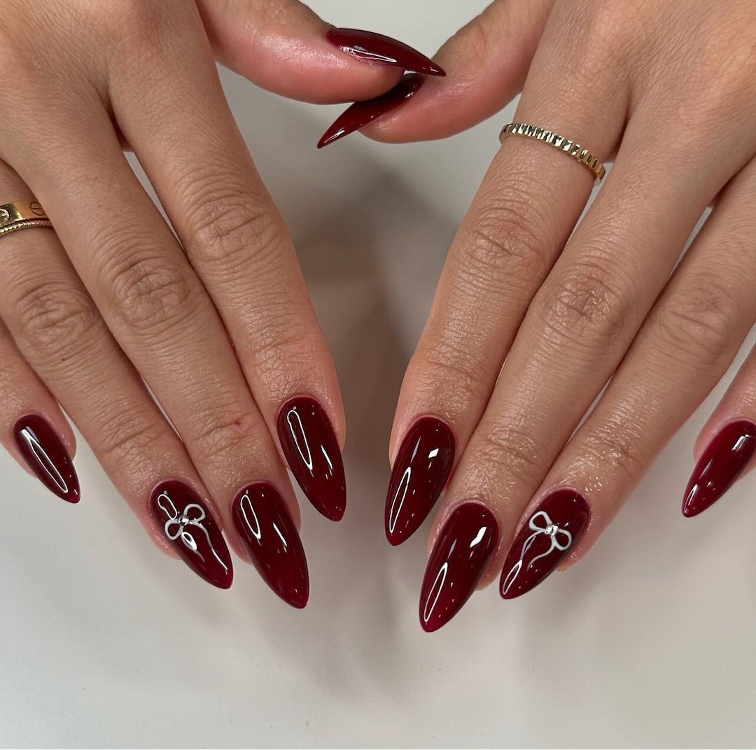 Claret Bowknot Hand Painted Nails /japanese Nails /custom Press on