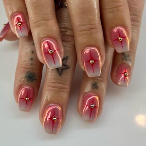 red star ombre chrome nails/ hand made press on Nails/ ArgyleFake Nails/ Hand painted press on Nails/Faux Acrylic Nails/
