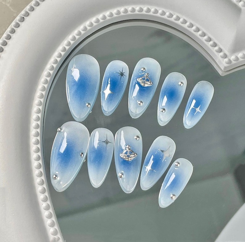 Y2k Ombre Blue Almond Nails /westwood Nails /custom Press on Etsy