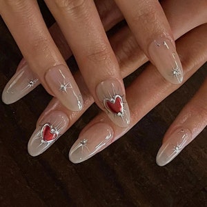 silver liner red heart hand painted Nails /custom press on nails/ hand made Press on Nails/Faux Acrylic Nails/ Gel Nails/Press on Nails