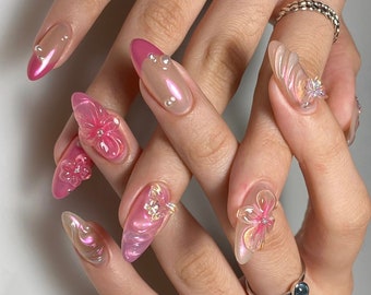 Meerjungfrau Vibe 3D Jelly Flora handbemalte Nägel / individuelle Nagelpresse / handgemachte Nagelpresse / Kunstacrylnägel / y2k Nägel / rosa Nägel