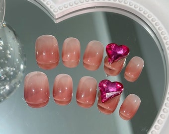 ombre pink crystal nails, y2k punk style nails, kawaii nails, handmade Press on Nails/Faux Acrylic Nails/Gel Nails/ jelly nails