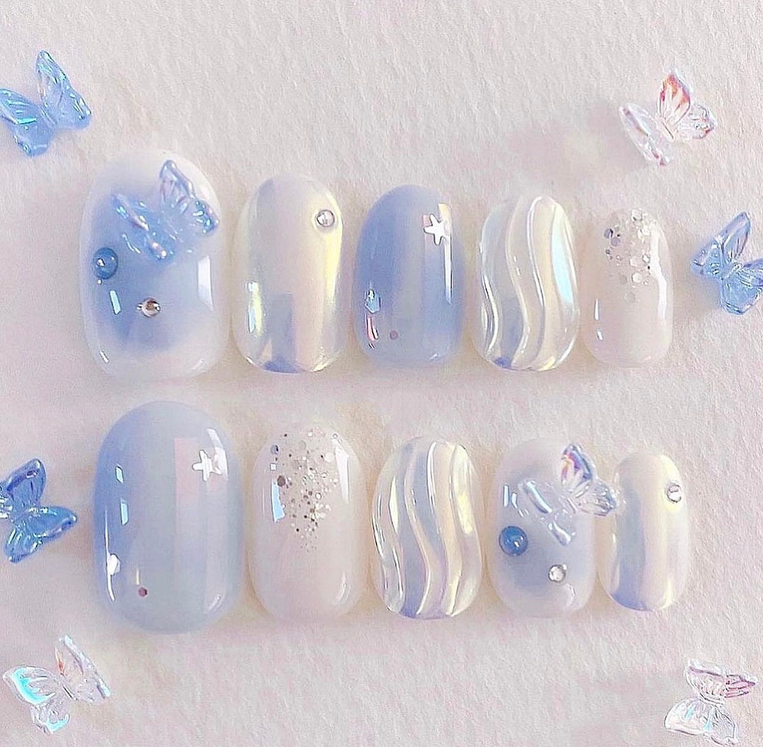 3d Glitter Blue Butterfly Nails/ Y2k Style Nails/ Argylefake Nails ...