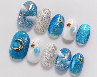 glitter cloud painting short nail/ y2k style Nails/ ArgyleFake Nails/ hand made Press on Nails/Faux Acrylic Nails/Gel Nails/ cute press ons