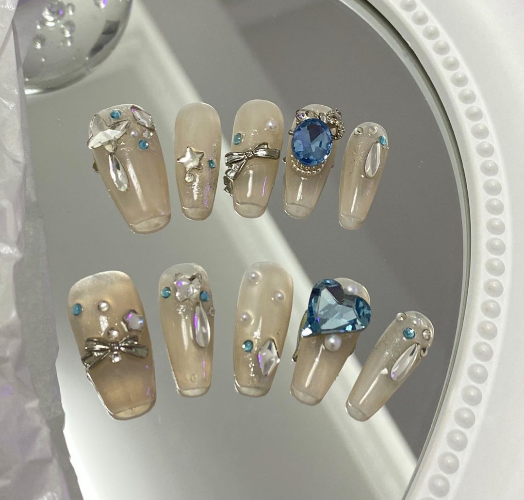 Press Ons Ballerina Blue Crystal Coffin Cute Nails Japanese - Etsy