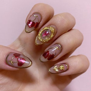 golden vintage cherry heart nails/ hand made press on Nails/ ArgyleFake Nails/ Hand painted press on Nails/Faux Acrylic Nails/