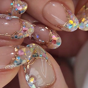 crystal glitter french nails /Japanese nails /custom press on nails/ hand made Press on Nails/Faux Acrylic Nails/ Gel Nails/Press on Nails