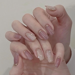 golden liner pink  Nails /Japanese nails /custom press on nails/ hand made Press on Nails/Faux Acrylic Nails/ Gel Nails