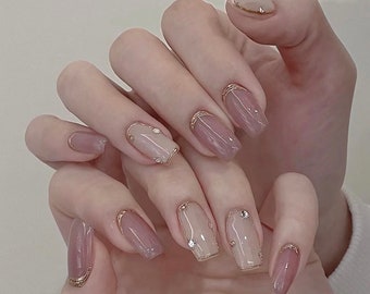 golden liner pink  Nails /Japanese nails /custom press on nails/ hand made Press on Nails/Faux Acrylic Nails/ Gel Nails