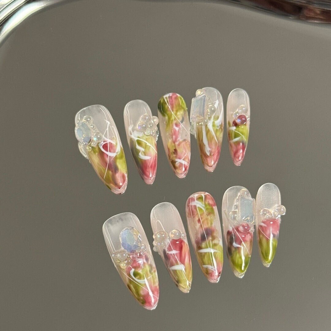 Hand Painted Flora French Nails /y2k Nails /custom Press on Nails/ Hand ...