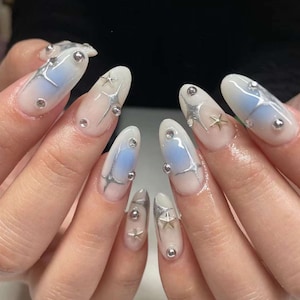 Y2K ombre blue star Nails /Japanese nails /custom press on nails/ hand made Press on Nails/Faux Acrylic Nails/ Gel Nails/Press on Nails