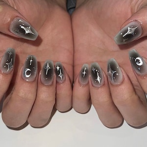 ombre black silver star nails /Japanese nails /custom press on nails/ hand made Press on Nails/Faux Acrylic Nails/ Gel Nails/Press on Nails