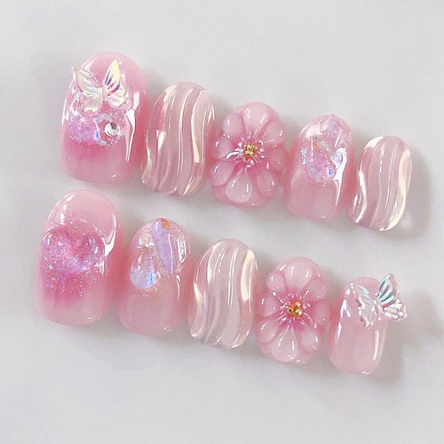 3d glitter pinky butterfly nails/ y2k style Nails/ ArgyleFake Nails/ hand made Press on Nails/Faux Acrylic Nails/Gel Nails/ cute press ons
