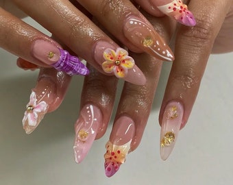 summer vibe 3d jelly flora hand painted Nails /custom press on nails/ hand made Press on Nails/Faux Acrylic Nails/ y2k Nails/ pink nails