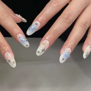 Y2K Ombre Blue Star Nails /japanese Nails /custom Press on Nails/ Hand Made Press on Nails/faux