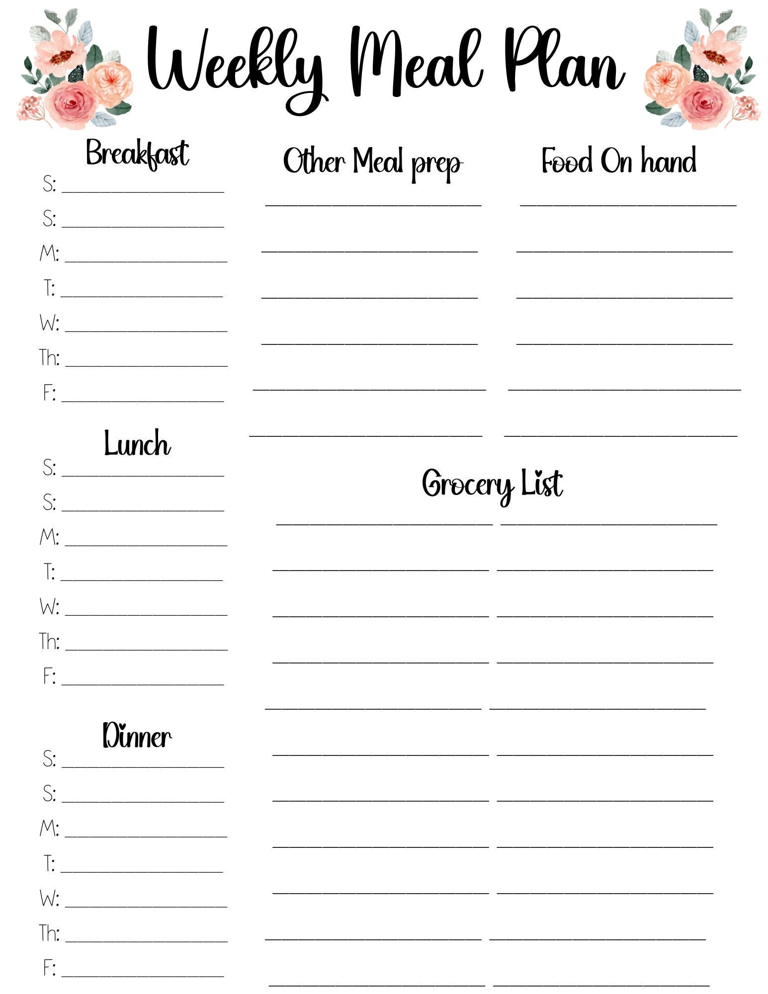 Weekly Meal Plan Template - Etsy