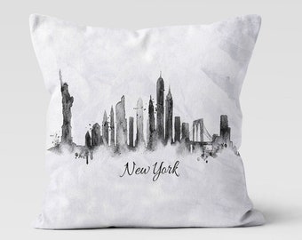 NYC Skyline Watercolor Pillow Cover • New York City Silhouette (18'' X 18'')
