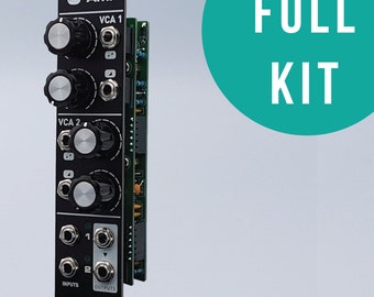 May include: A black modular synthesizer VCA module with four black knobs, silver metallic centers, and multiple input and output jacks. The front panel features the text -AMP-, VCA 1, VCA 2, INPUTS, OUTPUTS, and Something MODULAR.