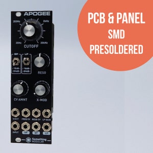 May include: A black and silver synthesizer module with knobs, switches, and jacks. The module is labeled "Apogee" and "Something Modular". The text "PCB & PANEL SMD PRESOLDERED" is in a red box.
