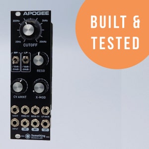 May include: A black synthesizer module with knobs and jacks. The module is labeled "Apogee" and has the text "Built & Tested" in a large orange circle in the background. The module has controls for cutoff, reso, cv amount, and x-mod.