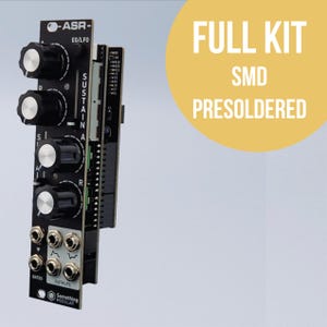 May include: A black and silver electronic music module with the text '-ASR-' and 'EG/LFO' printed on it. The module has three knobs and a row of jacks labeled 'GATES' and 'OUTPUTS'. The text 'FULL KIT SMD PRESOLDERED' is printed in yellow on a circle.