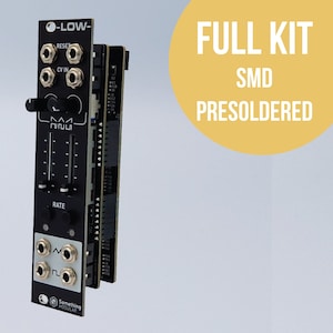 May include: A black and silver electronic module with the text "O-LOW" and "Something Modular" printed on it. The module has knobs, switches, and jacks. The text "FULL KIT SMD PRESOLDERED" is printed on a yellow circle in the background.