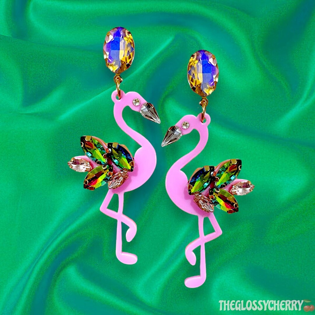Acrylic Flamingo Earrings, Crystal Flamingo Earrings, Flamingo Earrings